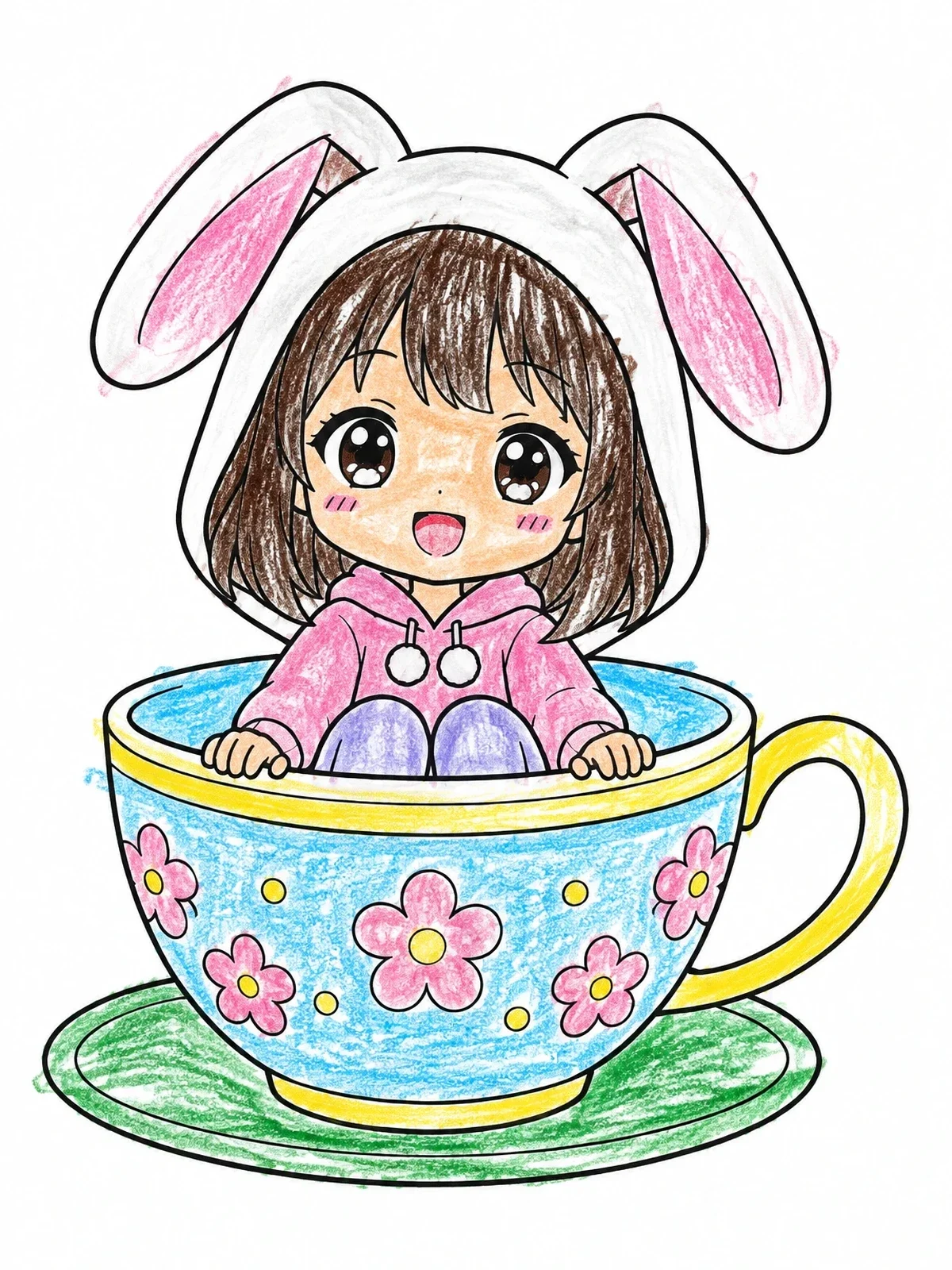 Colored example of the Cute Anime Bunny Girl In Teacup coloring page