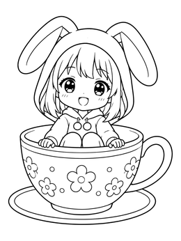Free printable Cute Anime Bunny Girl In Teacup coloring page