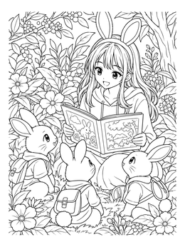 Free printable Anime Bunny Girl Reading To Rabbits coloring page