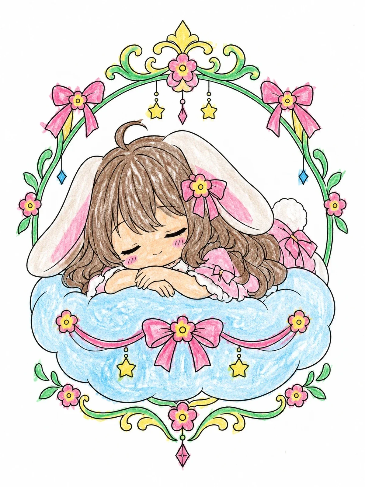 Colored example of the Sleeping Chibi Bunny Girl On Cloud coloring page