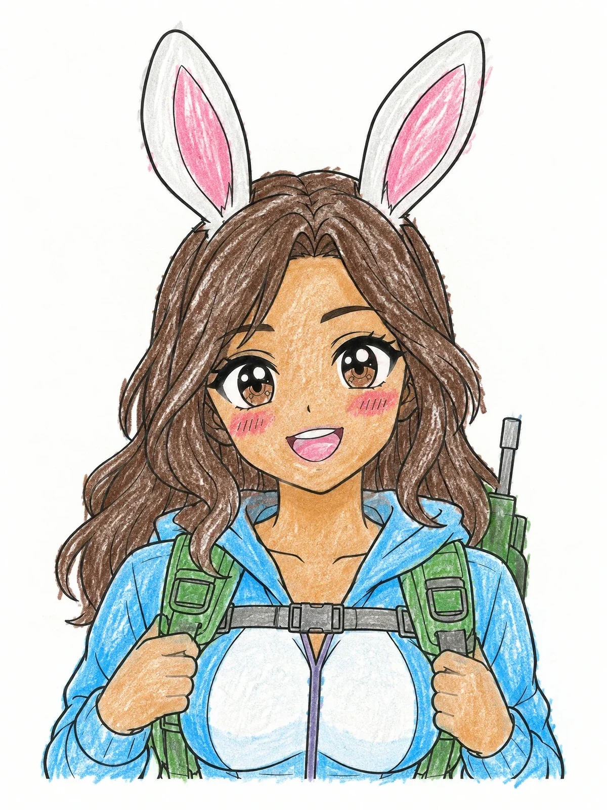 Colored example of the Cheerful Anime Bunny Girl With Backpack coloring page
