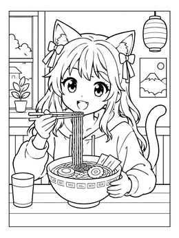 Free printable Anime Cat Girl Eating Ramen coloring page