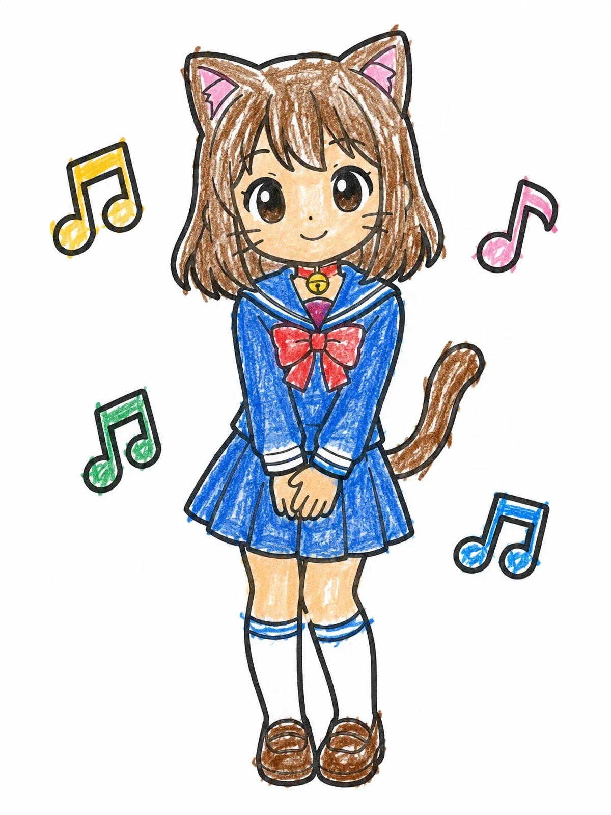 Colored example of the Anime Cat Girl With Musical Notes coloring page
