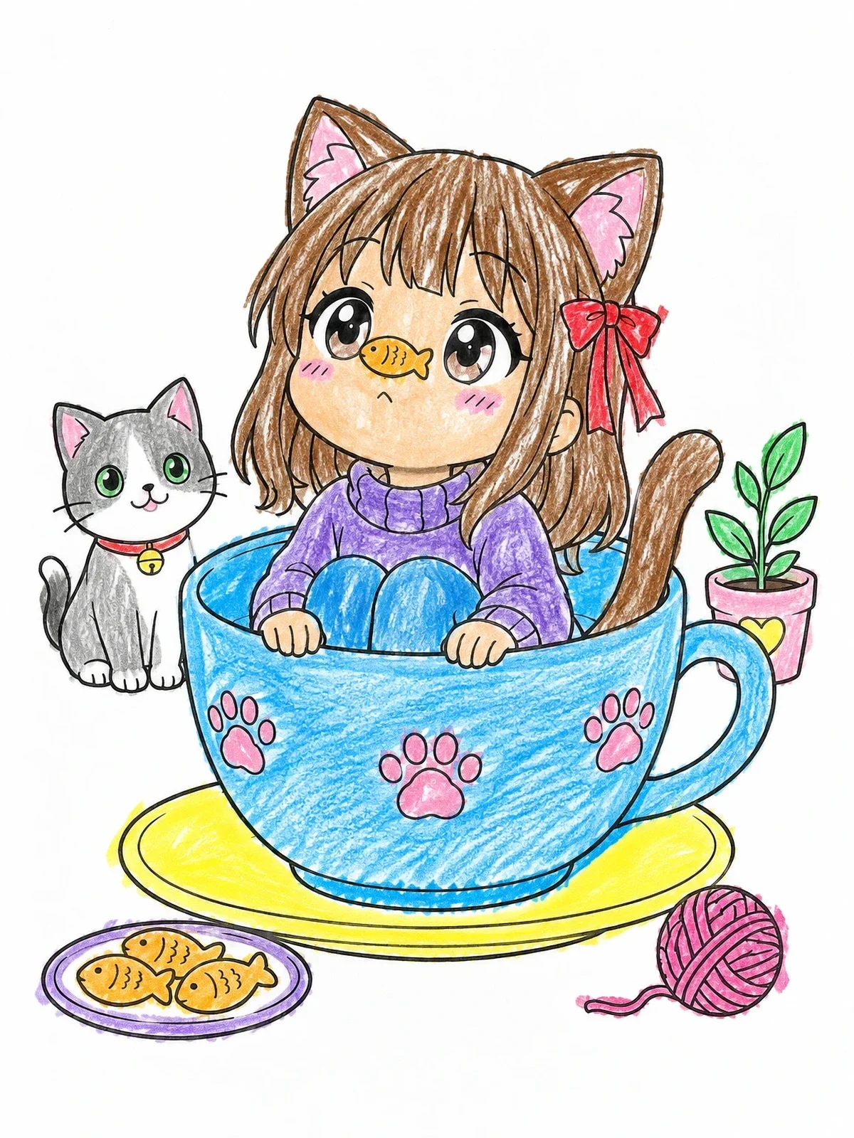 Colored example of the Anime Cat Girl In A Teacup coloring page
