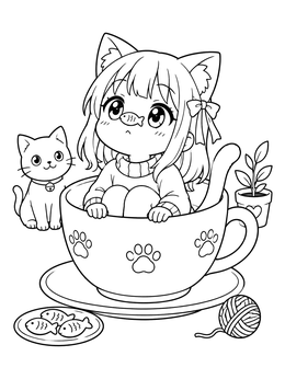 Free printable Anime Cat Girl In A Teacup coloring page