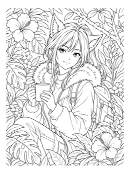 An anime girl coloring page featuring a girl with beast ears holding a warm mug among tropical plants.