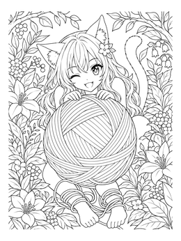 Free printable Anime Cat Girl With Yarn coloring page