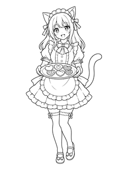 Free printable Anime Cat Maid Serving Heart Cookies coloring page
