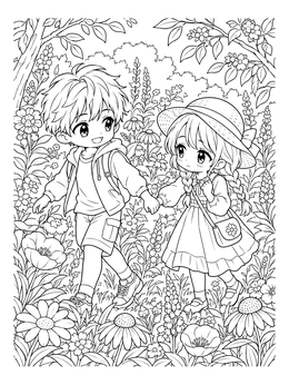 An anime couples holding hands coloring page with two chibi kids walking through a dense field of flowers.