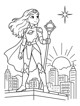 A heroic anime warrior on a rooftop with a shining star in this venus coloring page.