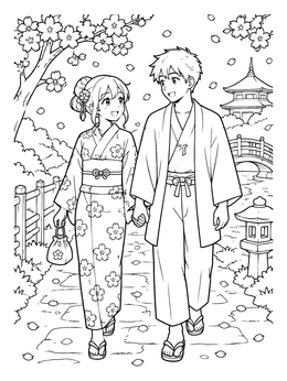An anime couples holding hands coloring page featuring a boy and girl in yukata beneath cherry blossoms.