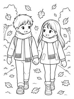 Free printable Cute Couple Walking Under Autumn Leaves coloring page