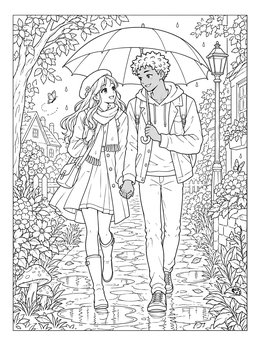 Free printable Anime Sweethearts Walking In The Rain coloring page