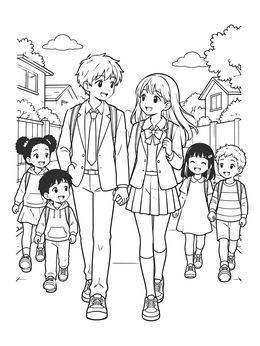 Free printable Students Walking Home With Children coloring page