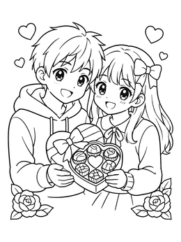 Free printable Sweet Anime Couple With Valentine Chocolates coloring page