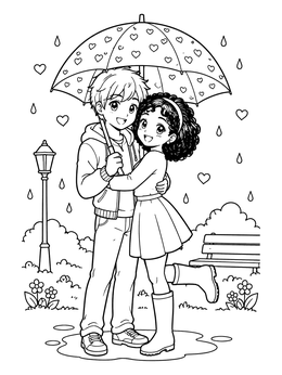 Free printable Anime Sweethearts Under Rain Umbrella coloring page