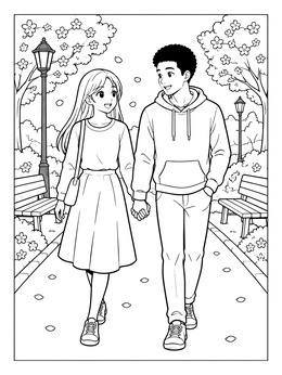 Free printable Anime Couple Strolling In Park coloring page