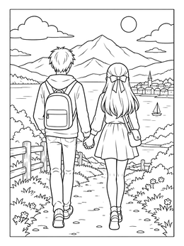 An anime couples holding hands coloring page showing two travelers walking toward a scenic lake and mountain view.