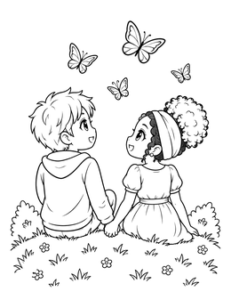 An anime couples holding hands coloring page with two kids sitting in a grassy meadow.