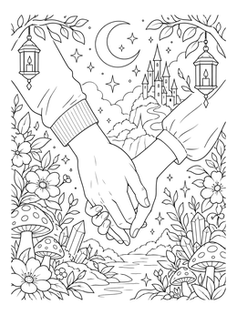 An anime couples holding hands coloring page with a castle and starry sky.