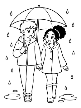 Free printable Couple Walking Under Rain Umbrella coloring page