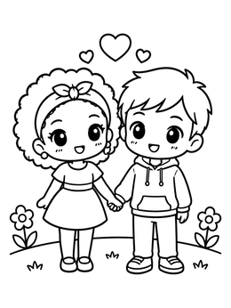 Free printable Cute Chibi Couple Holding Hands coloring page