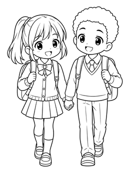 An anime couples holding hands coloring page with two smiling school kids wearing backpacks.