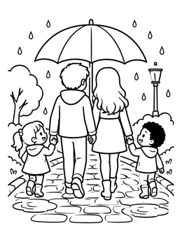 An anime couples holding hands coloring page featuring parents and kids walking under an umbrella in the rain.