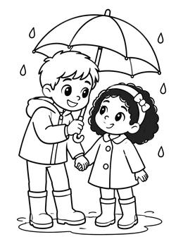 An anime couples holding hands coloring page with two kids under an umbrella.