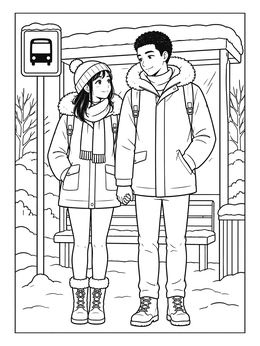 An anime couples holding hands coloring page featuring two people bundled up in winter coats at a bus stop.