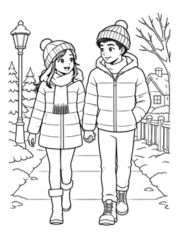 Free printable Winter Walk Couple Holding Hands coloring page