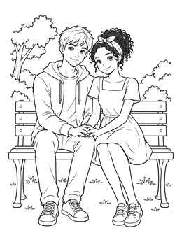 An anime couples holding hands coloring page with two teens seated together on a park bench.