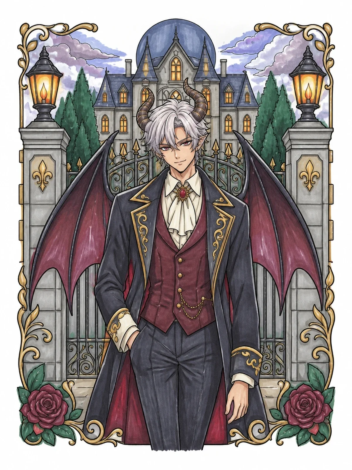 Colored example of the Anime Demon Prince At Gothic Mansion coloring page