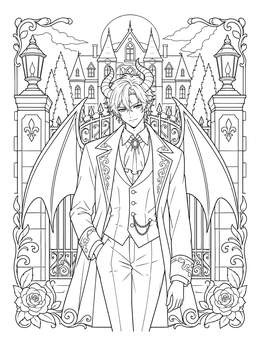 An anime halloween coloring page showing a horned winged demon gentleman outside a gothic manor.