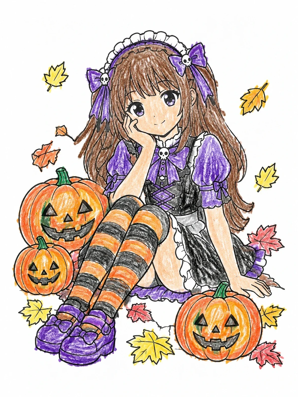 Colored example of the Anime Doll With Halloween Pumpkins coloring page