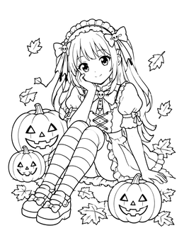 An anime halloween coloring page of a gothic doll girl sitting among pumpkins.