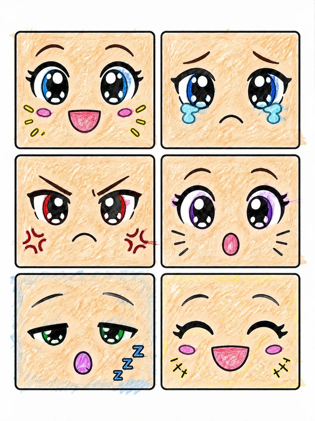 Colored example of the Anime Eyes And Facial Expressions coloring page