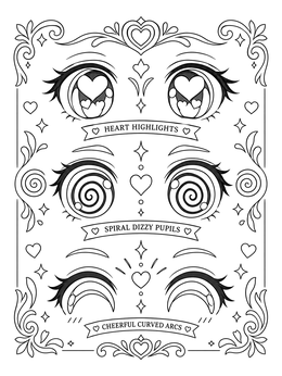 An anime eyes coloring page featuring three pairs of stylized eyes with hearts, spirals, and cheerful arcs.
