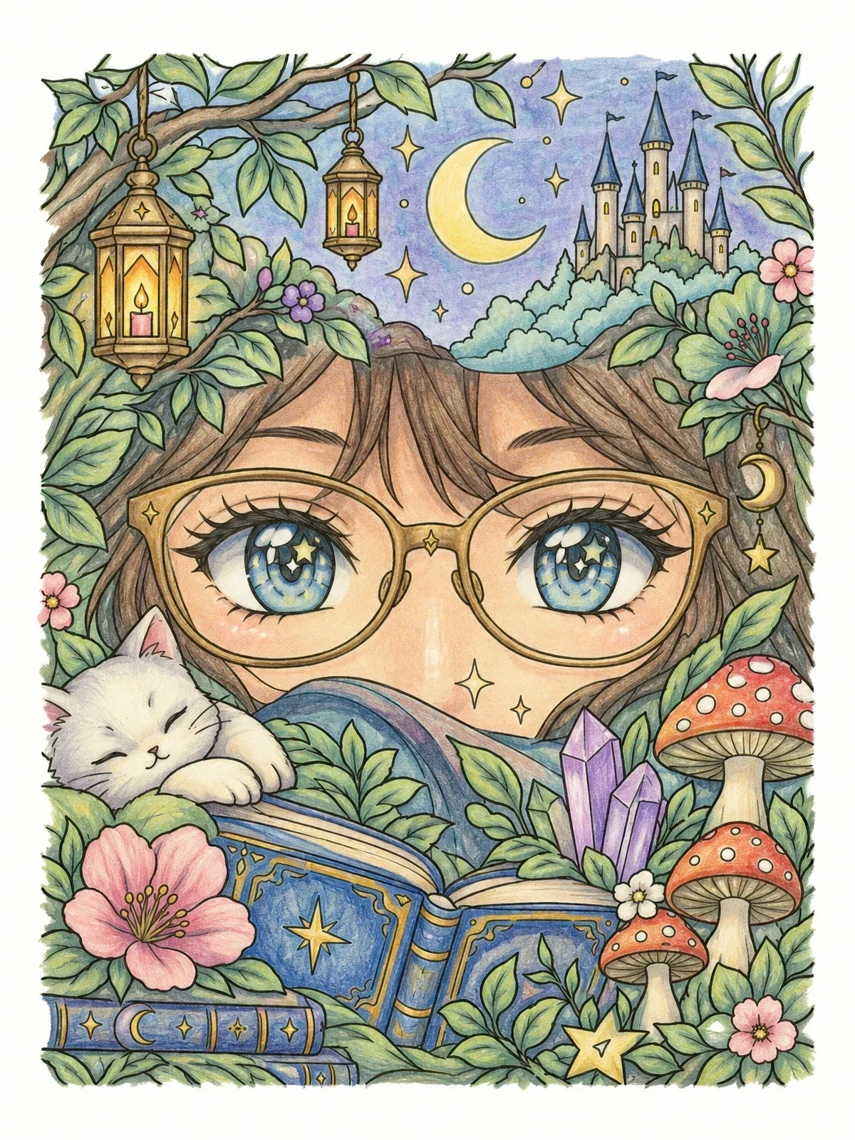 Colored example of the Glasses Framed Anime Eyes And Magic coloring page