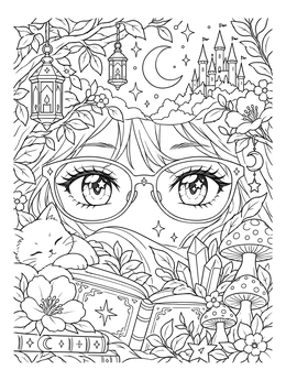 Detailed anime eyes coloring page with glasses, fantasy castle, and sleeping cat.