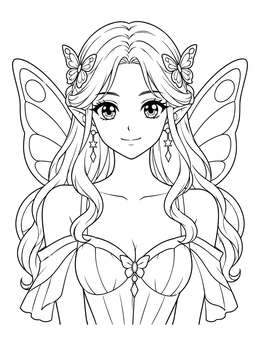 An anime fairy coloring page featuring a graceful winged maiden with butterfly hair clips.