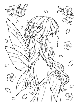 Side profile of a winged sprite in this serene anime fairy coloring page with cherry blossoms.