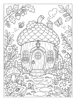 Free printable Cozy Acorn Fairy Cottage coloring page