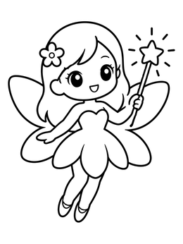 An anime fairy coloring page featuring a cute chibi fairy holding a glowing star wand.