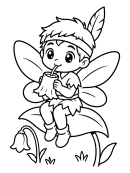 A sweet anime fairy coloring page of a chibi fairy boy drinking nectar through a straw.