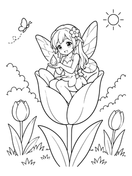 Free printable Cute Fairy Sitting In Tulip Flower coloring page