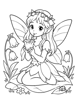 Free printable Cute Fairy Sipping Flower Nectar coloring page