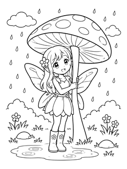 An anime fairy coloring page of a girl sheltering under a mushroom in the rain.