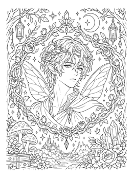 An anime fairy coloring page featuring an elven prince surrounded by roses, lanterns, and crystals.