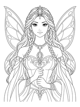 An anime fairy coloring page depicting an elegant winged princess holding an ornate scepter.